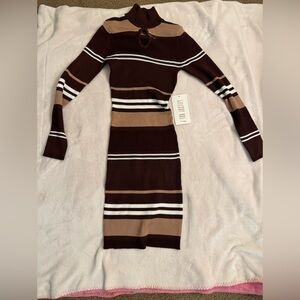 J for Justify Brown Striped Long Sleeve Ribbed Dress